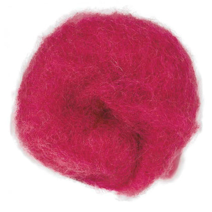 Raspberry – rich berry-pink shade of Maori carded wool. 100g felting fibre for needle felting, wet felting, and craft projects. Use as base wool, core fibre, or a smooth finishing layer.