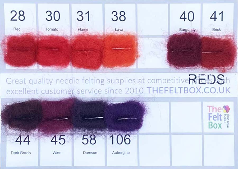 Color swatch card with red shades and product details from The Felt Box.