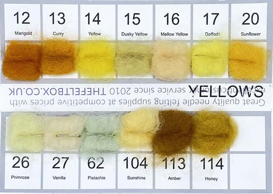 Color swatch chart with various yellow shades and their corresponding codes.