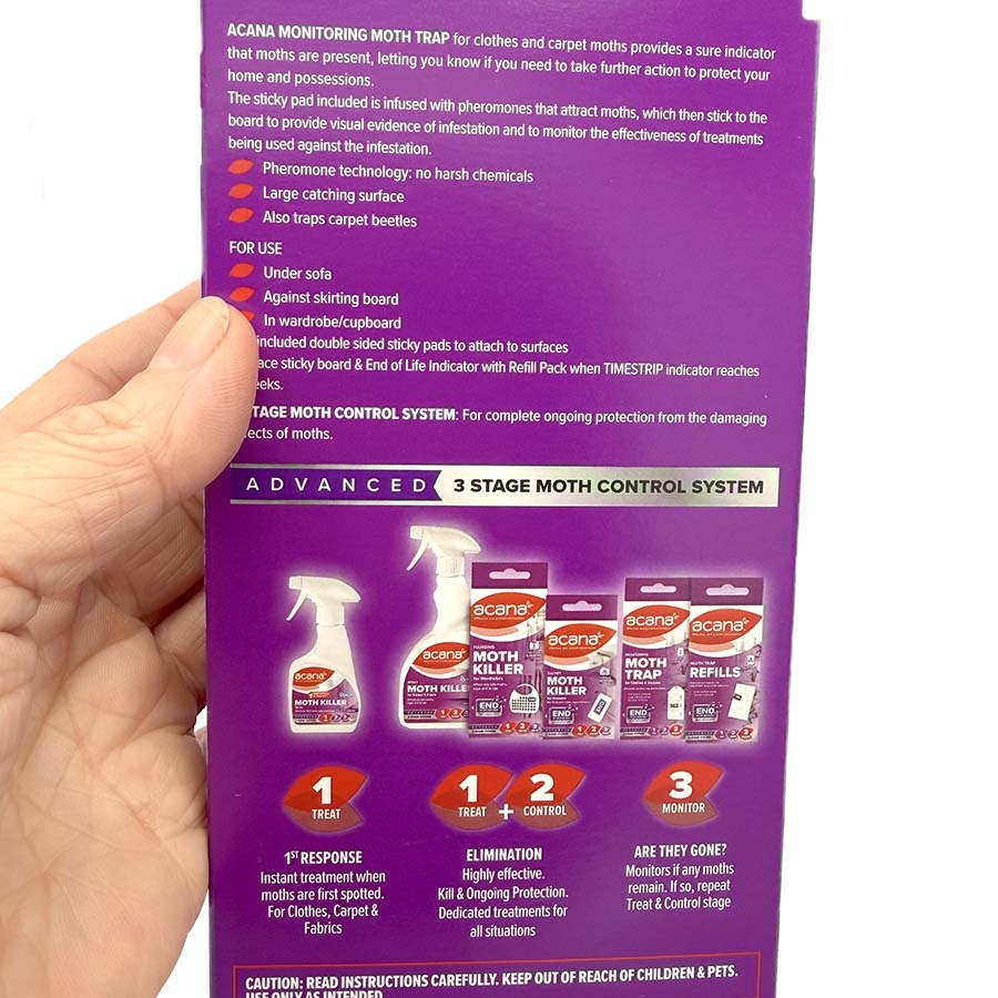 Back of Acana moth monitoring trap pack with instructions | The Felt Box