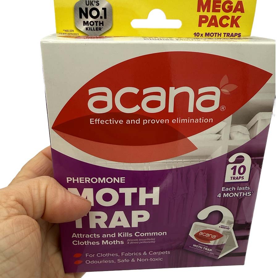Acana clothes moth traps 10 pack held in hand | The Felt Box