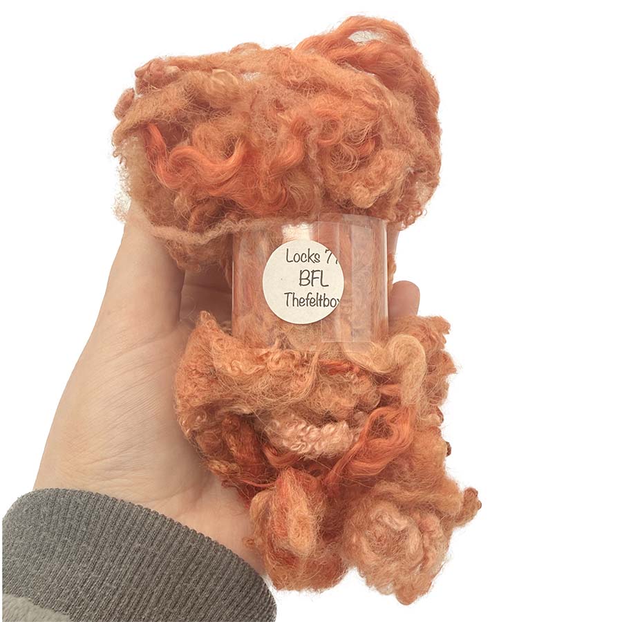 peach BFL locks for needle felting shown in a clear tube, held in hand.