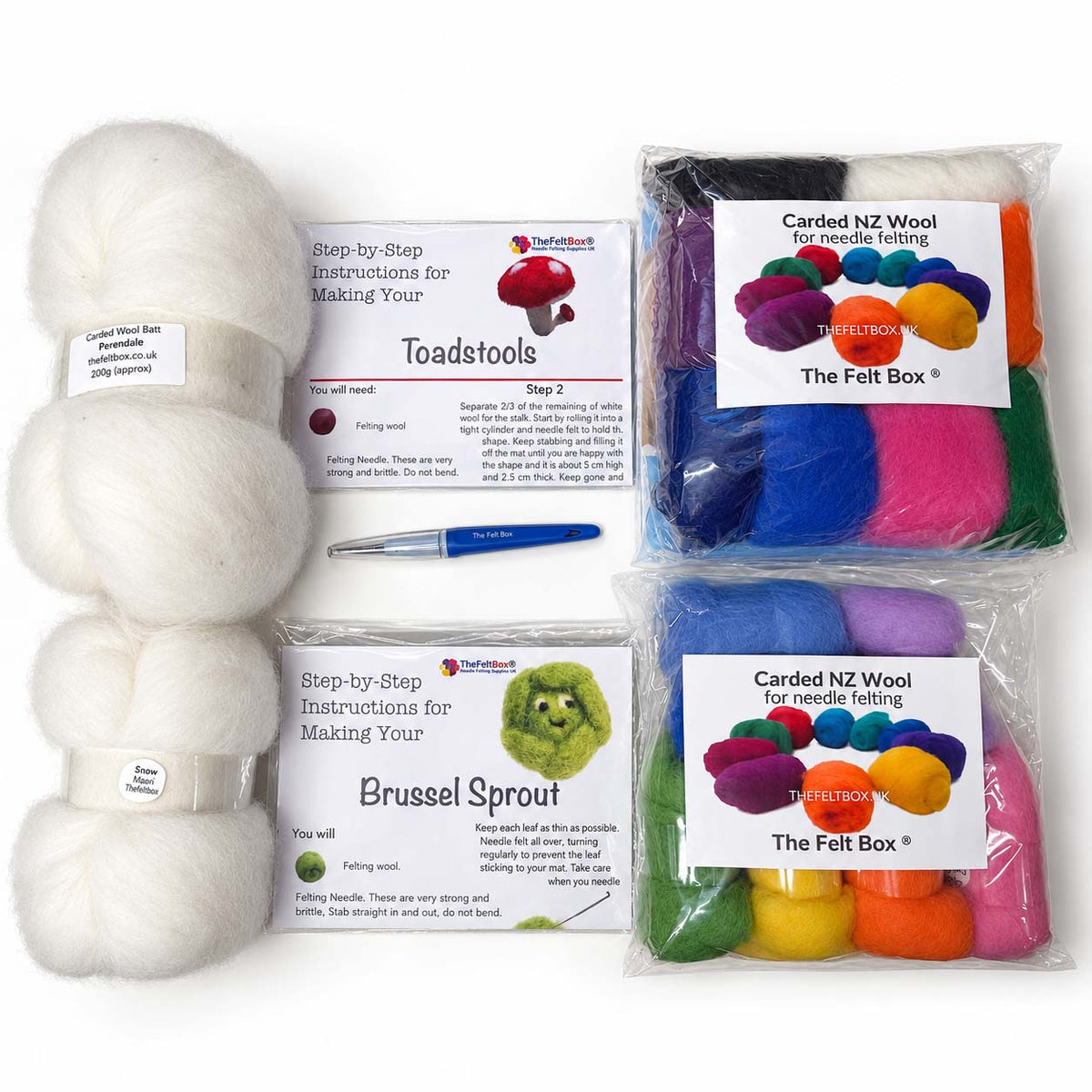 Bright beginner needle felting bundle by The Felt Box – coloured wool, Toadstools and Brussels Sprout guides