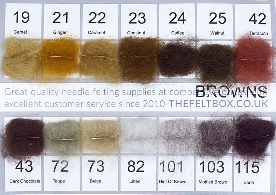 brown colour chart for carded nz wool for needle felting
