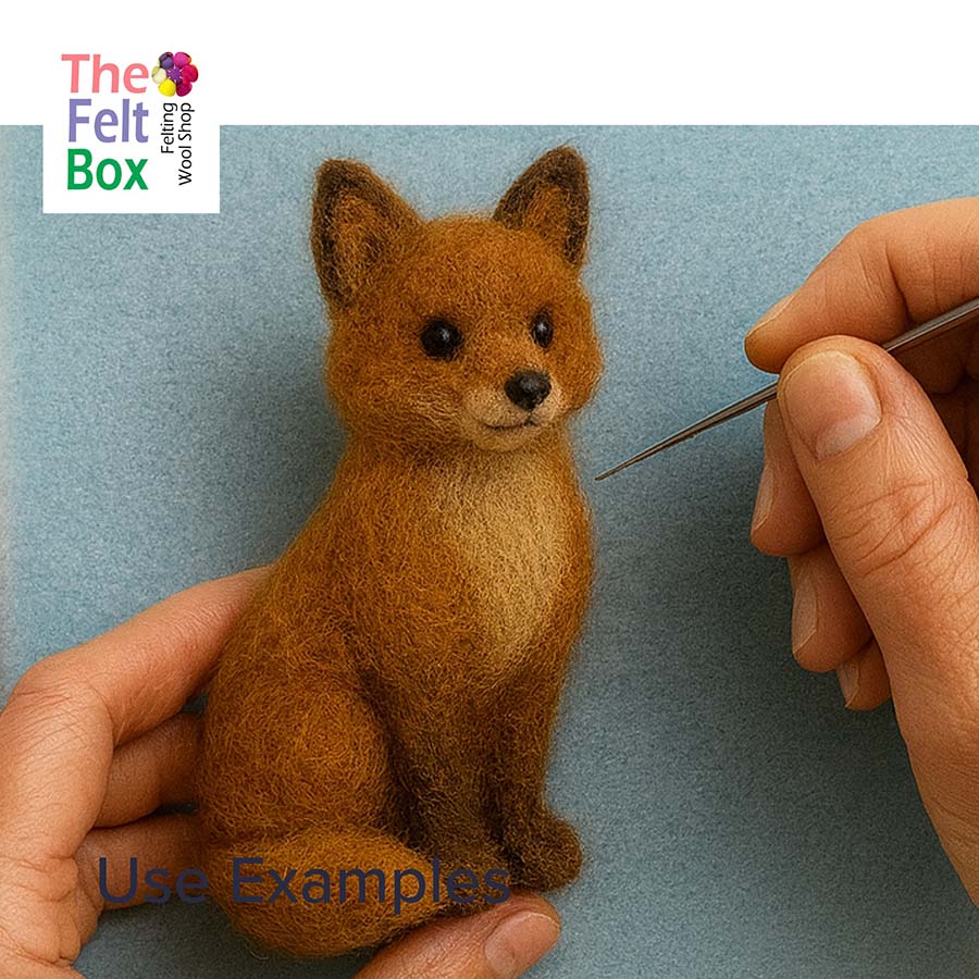 needle felted felt fox toy with a hand holding a needle, on a blue background.