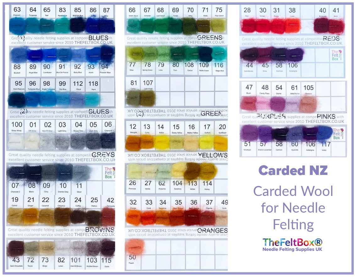 a photo of real wool samples of carded nz range to help with colour selection