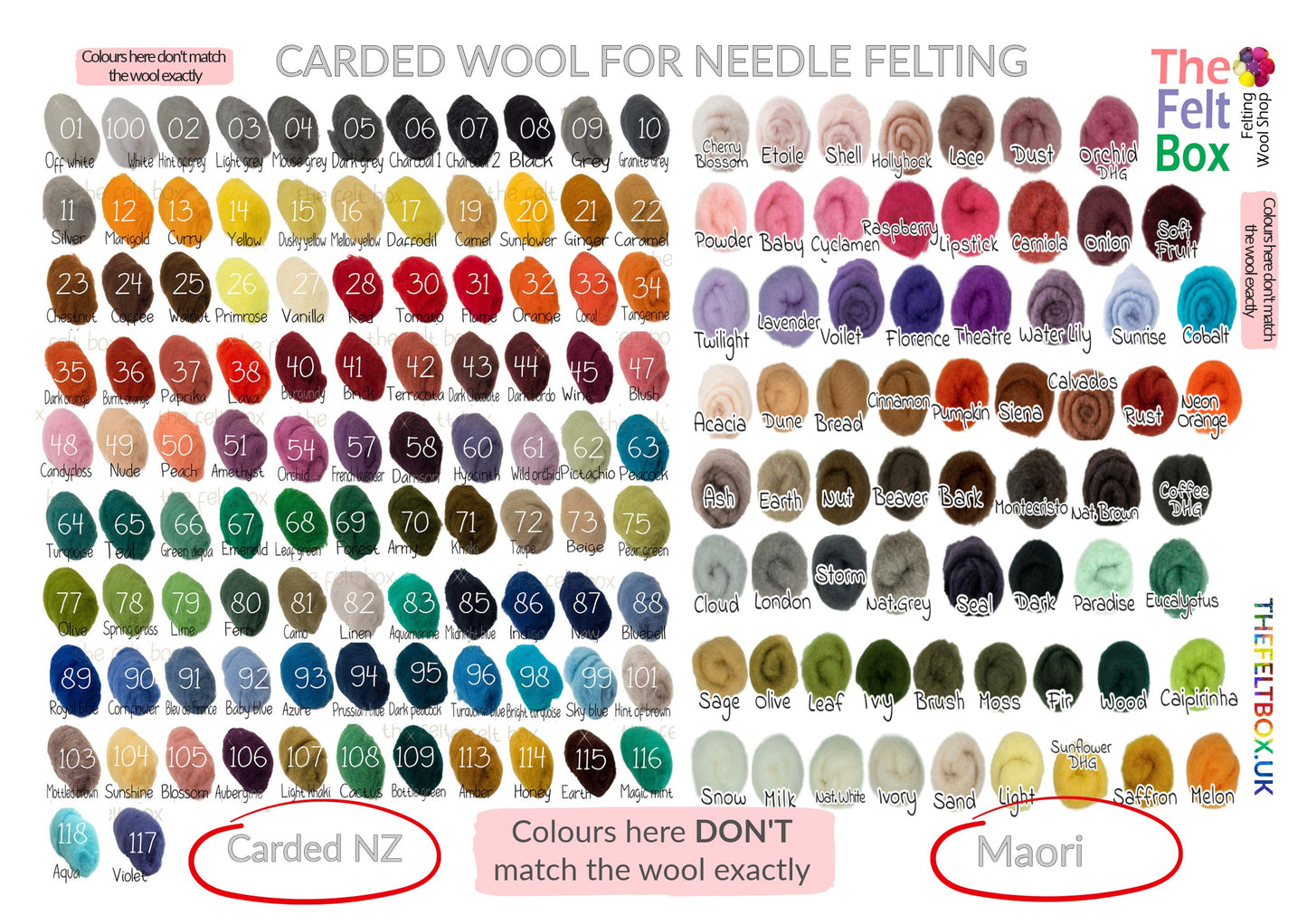 Needle Felting Wool Set – 30 Custom Colours x 20g | Maori or NZ Carded Wool