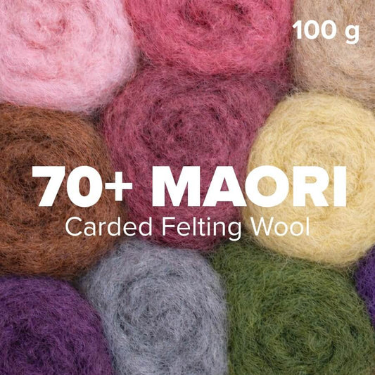 a bunch a carded maori wool in various colours with text 70+ maori carded Feting Wool 100g