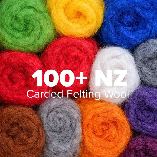 a bunch a carded NZ wool in various colours with text 100+ Nz carded Feting Wool