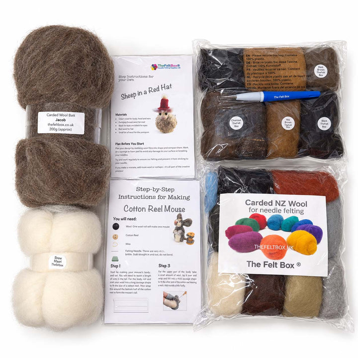 Grey and brown beginner needle felting bundle by The Felt Box – Jacob and Snow wool, Sheep in a Red Hat and Cotton Reel Mouse guides