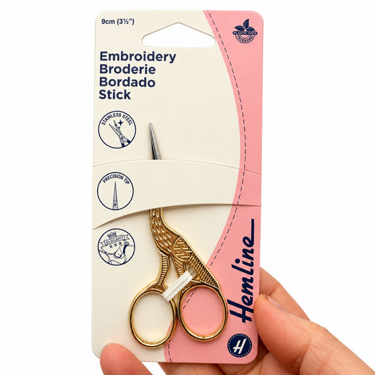Hemline gold stork embroidery scissors package held in hand, The Felt Box