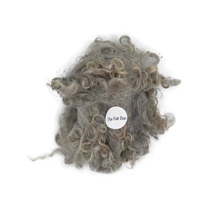 28g pack of natural light grey curly wool locks with The Felt Box band