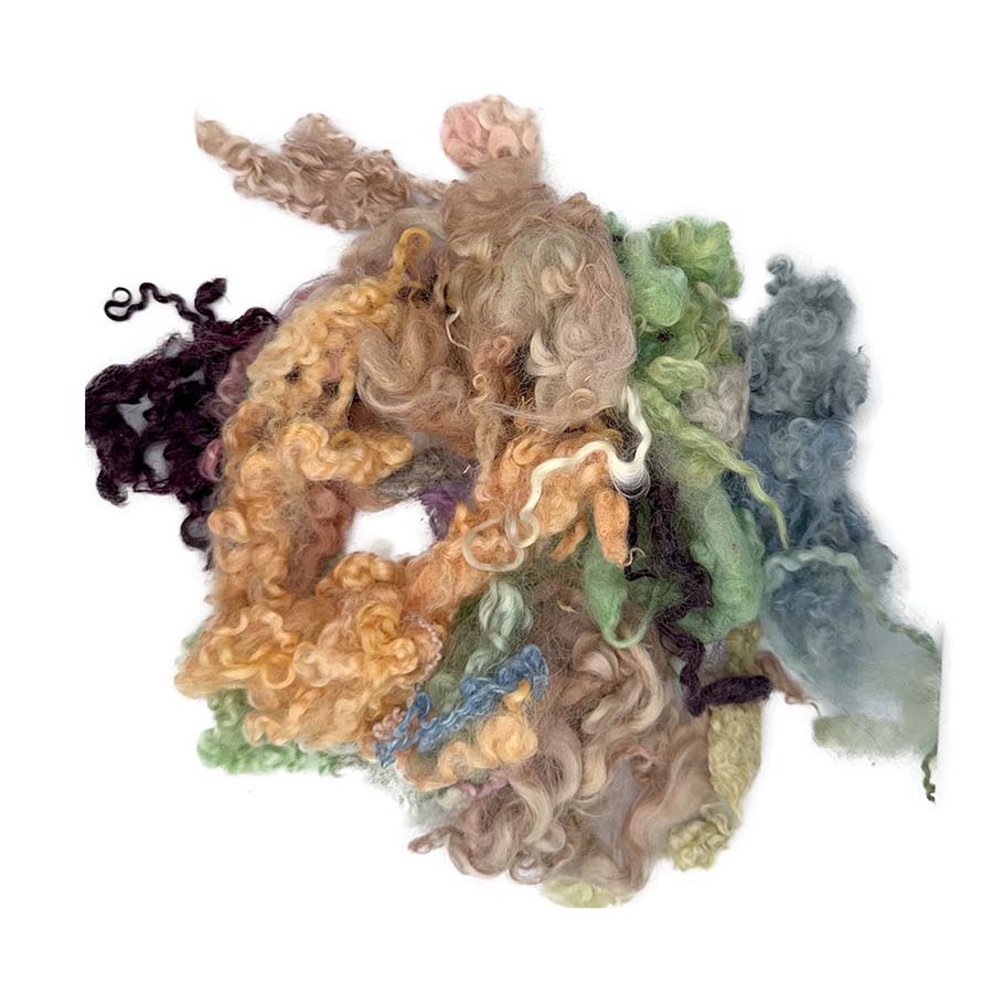Assorted dyed curly wool locks in orange, green, blue and natural shades