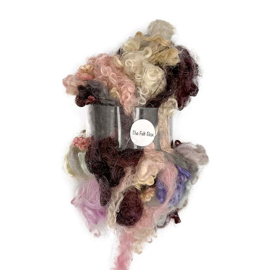 50g mixed curly wool locks lucky dip pack with The Felt Box band