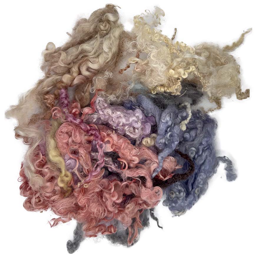 Mixed curly wool lock seconds in pink, purple, blue and natural shades