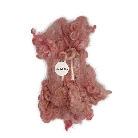 28g pack of pink Leicester Longwool seconds tied with The Felt Box band