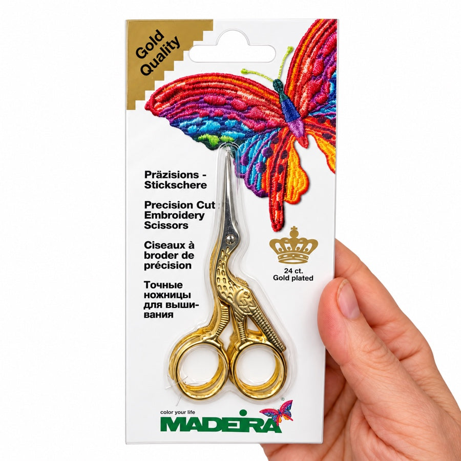 Madeira stork embroidery scissors package held in hand, The Felt Box