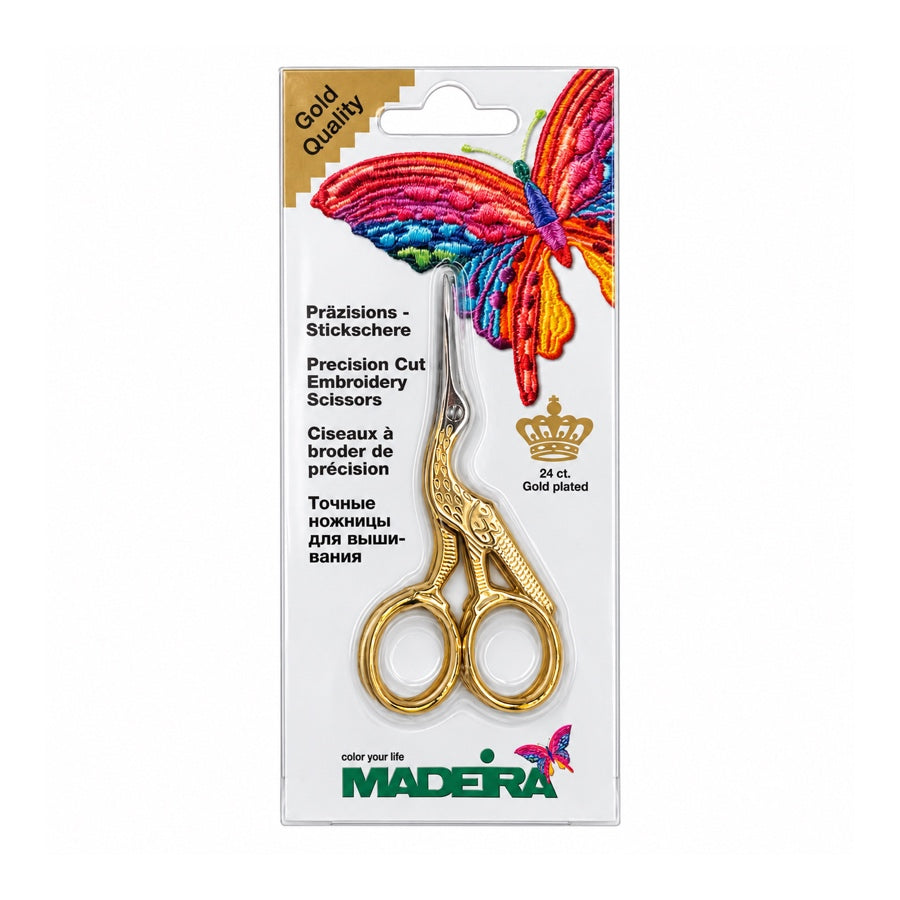 Madeira gold-plated stork embroidery scissors in packaging, The Felt Box