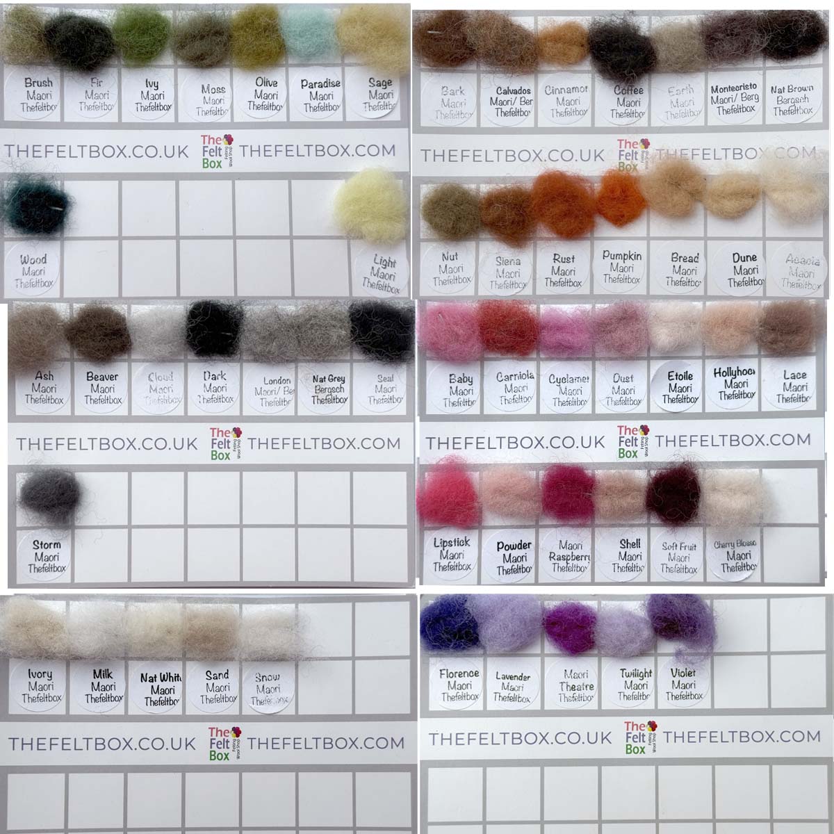 Color swatch chart from The Felt Box with various maori carded wool color samples.