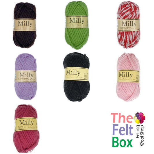 a collage of 7 different colour yarns with the felt box logo
