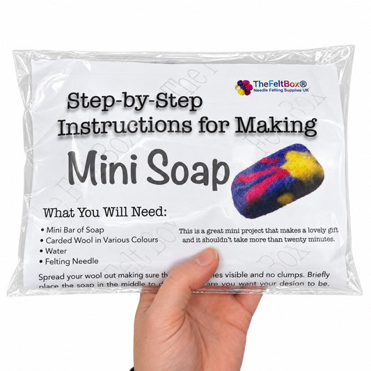A hand holding the Mini Felted Soap project pack in its clear bag, with printed instructions visible