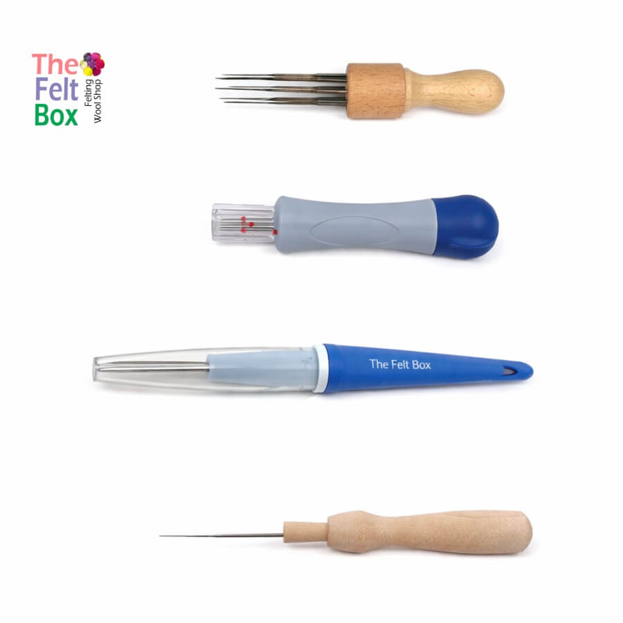 Set of felting tools with blue handles and wooden components on a white background, branded 'The Felt Box'.