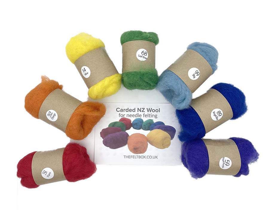 Rainbow carded wool shade packs in bright colours.