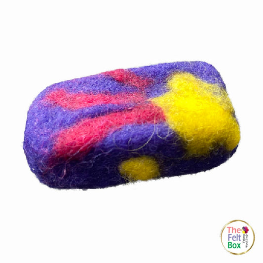 Finished mini felted soap with purple, pink and yellow wool | The Felt Box
