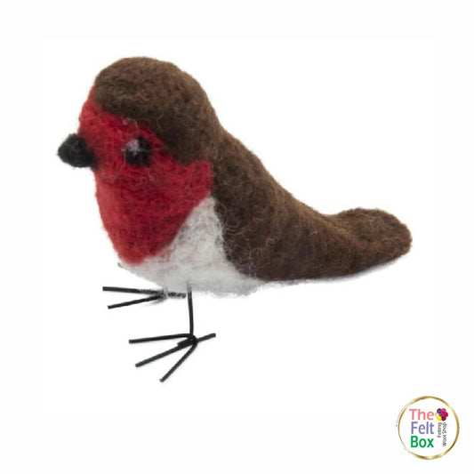 Finished needle-felted robin with red breast and wire legs | The Felt Box
