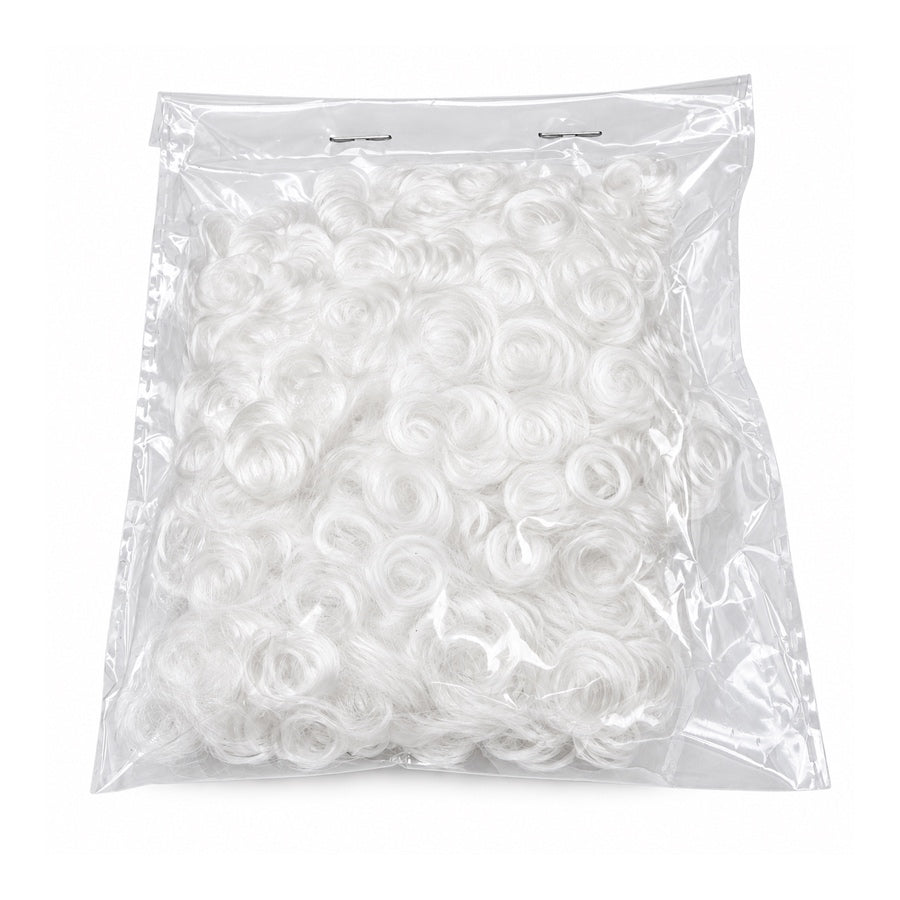 White curly vegan synthetic hair fibre pack in clear bag, about 15g