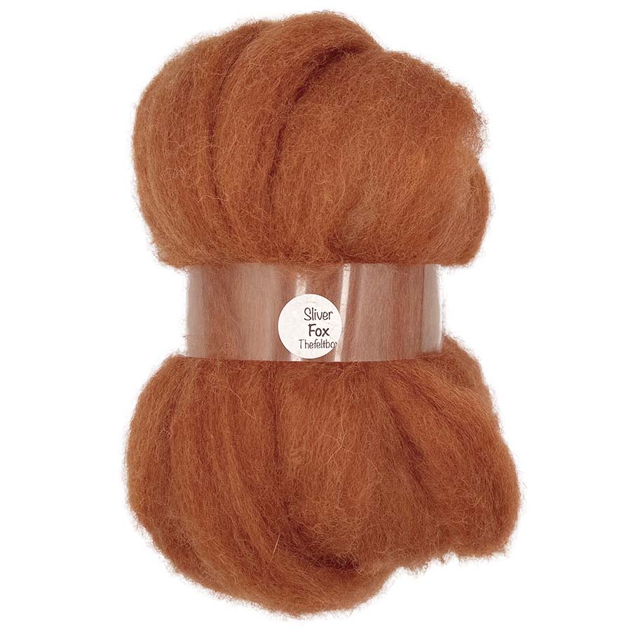 A carded sliver of orange wool fibre, rolled up into a tight bundle against a white background, with the logo 'The Felt Box' visible.