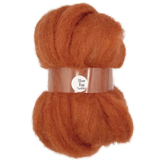 A carded sliver of orange wool fibre, rolled up into a tight bundle against a white background, with the logo 'The Felt Box' visible.