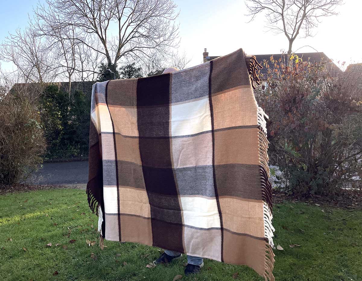 Woolen Throw Blanket Large Brown Block Check 220 x 145 cm
