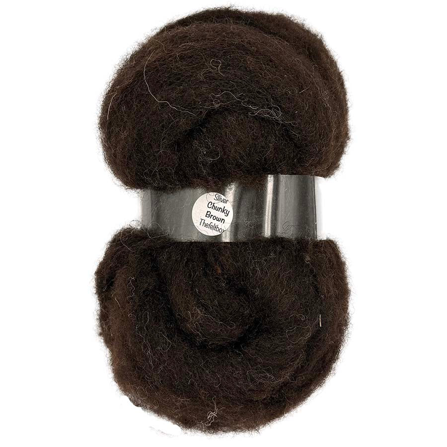 Ball of dark brown carded sliver boundle for needle felting on a white background