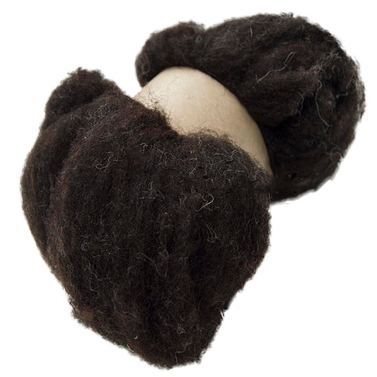 Ball of dark brown carded sliver boundle for needle felting on a white background