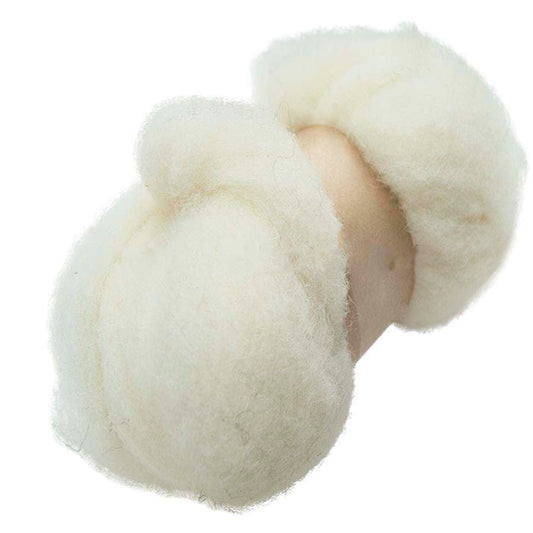 A close-up of carded sliver needle felting natural Cheviot fibres in a cream skin color, showing the texture and thickness of the wool.