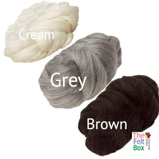 Wool Top, Corriedale Wool Top, Needle Felting and Spinning Fibre Set. Cream, Grey & Brown