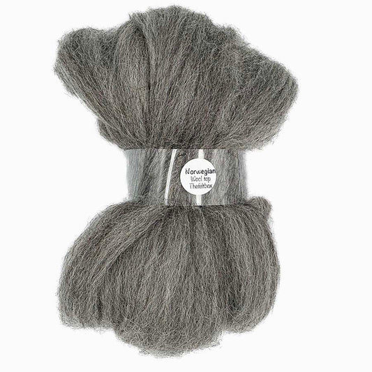 Soft Norwegian grey wool top with a natural, slightly rustic texture, ideal for needle felting and spinning