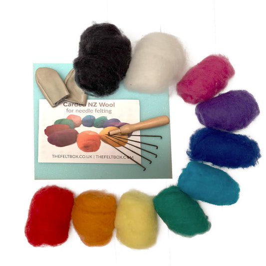 Needle Felting Starter Kit Small The Felt Box ®: 10 Colours Wool, Needles Mat Needle Holder Finger Protectors