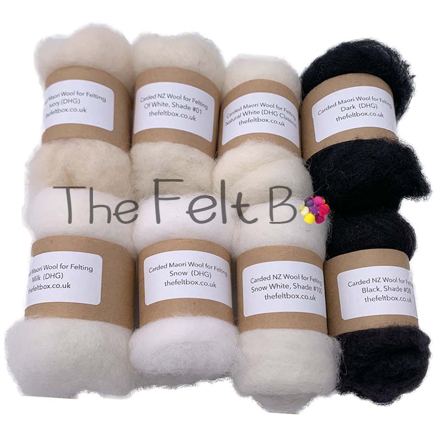 Carded Wool for Felting Black & White  Mix pack, 8 x 20g