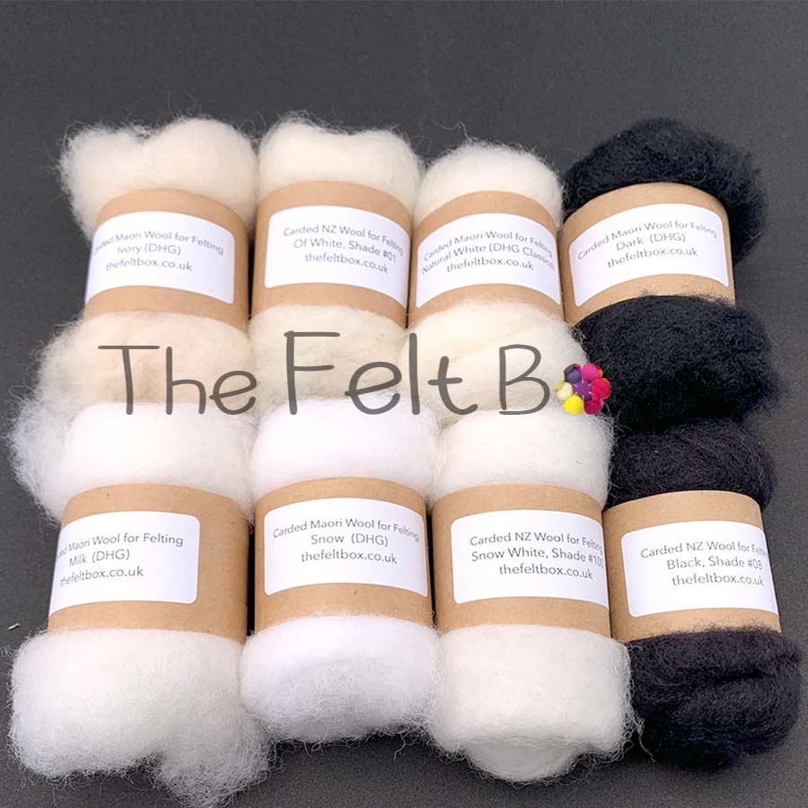 Carded Wool for Felting Black & White  Mix pack, 8 x 20g